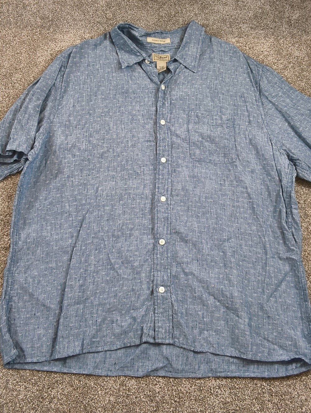 LL Bean Slightly Fitted Blue Linen Short Sleeve  Button Up Men Size XL